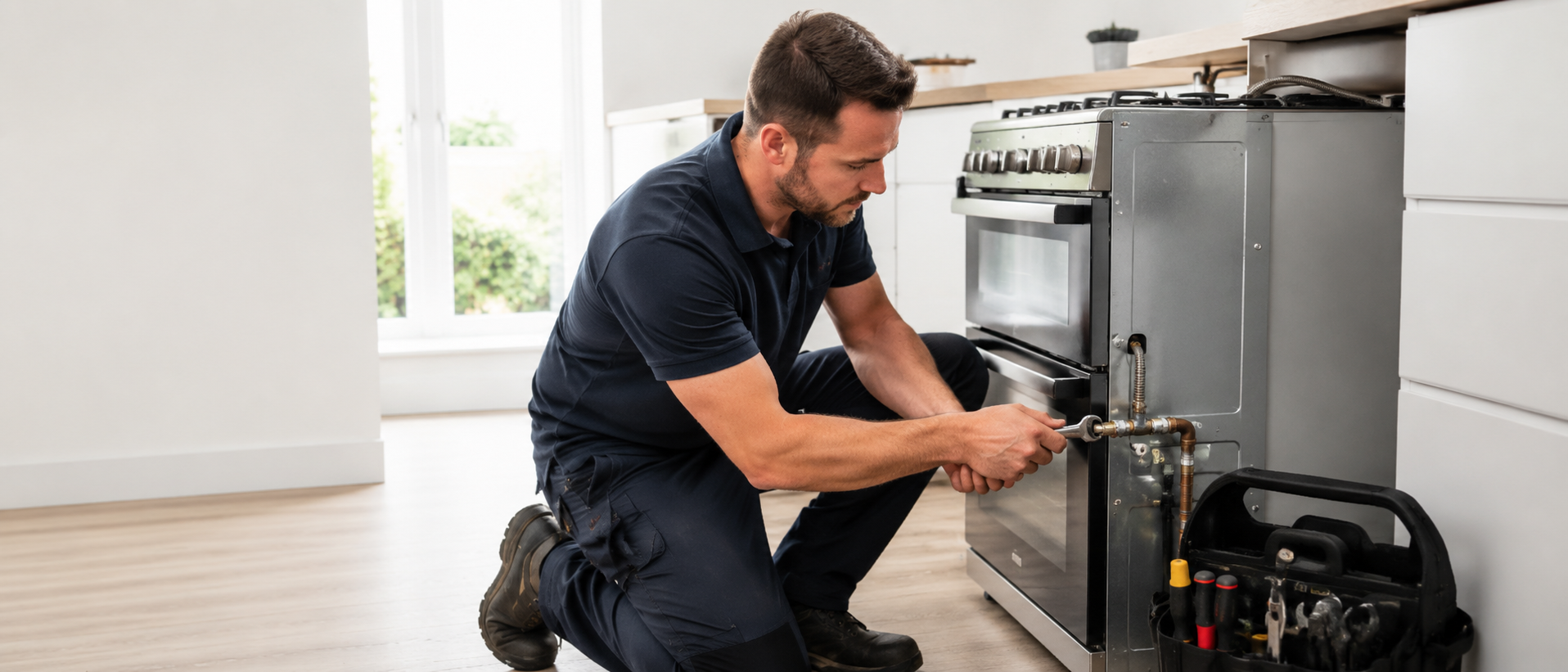 Gas engineer installing a new oven and stove